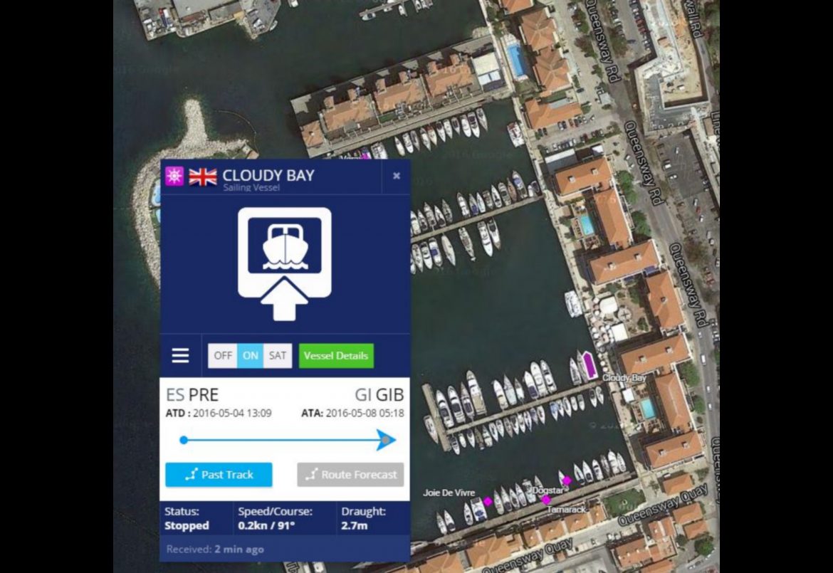 Cloudy Bay in Queensway Quay Marina, as seen on Vessel Finder app. Boat delivery completed.