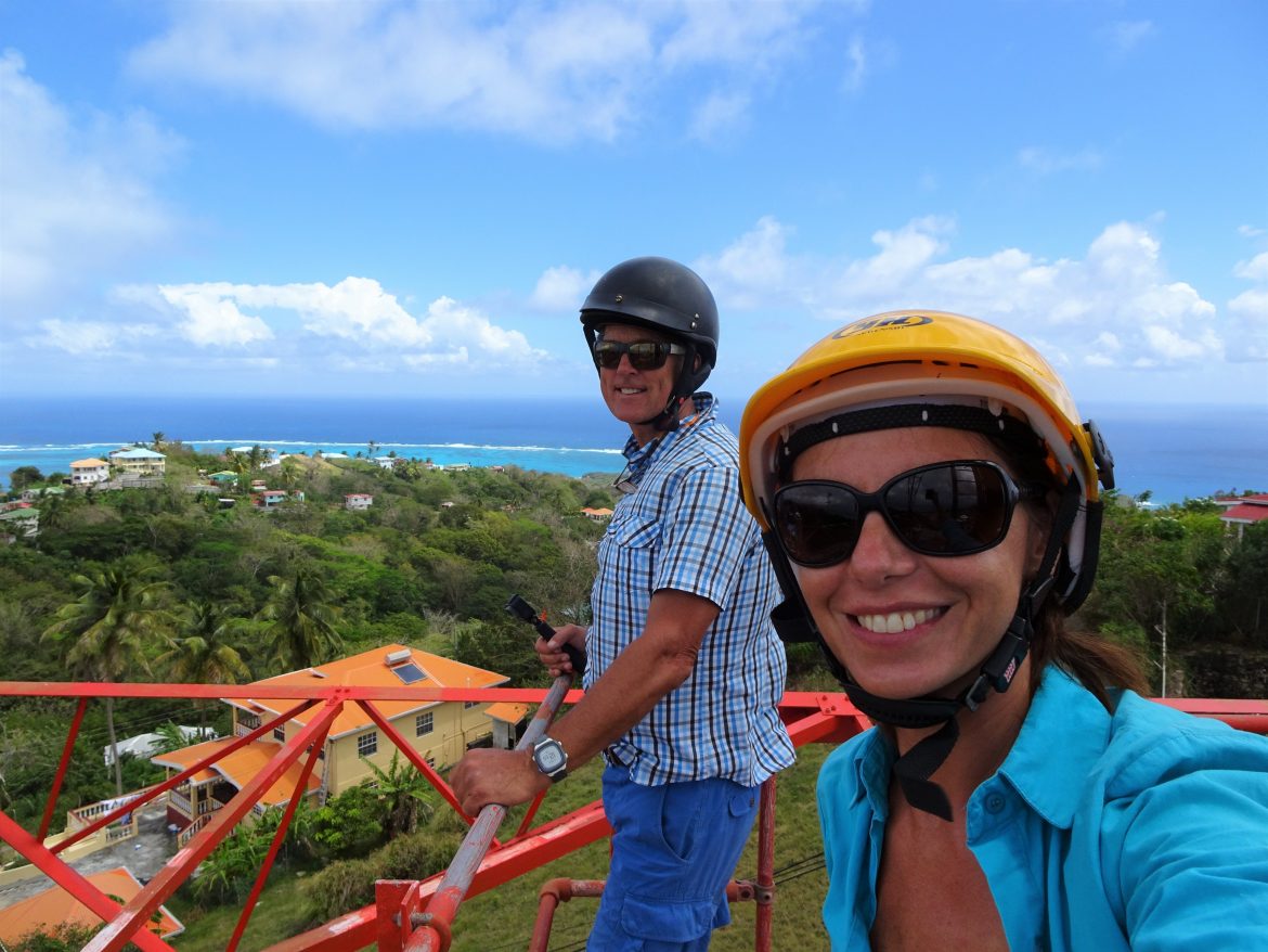 Cheeky duo up the radio mast on Mount Royal, Carriacou