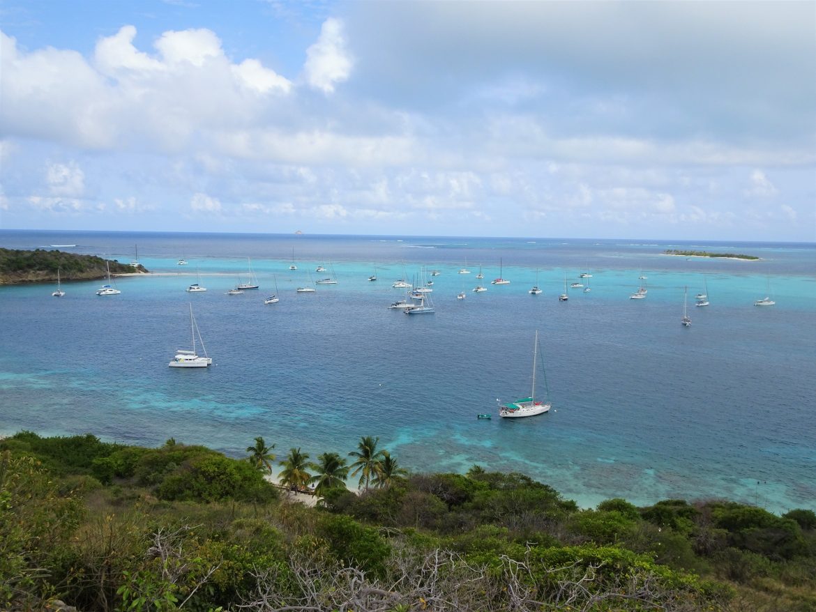 View over Tobago Cays from Petit Bateau Island hill top View over Tobago Cays from Petit Bateau Island hill top