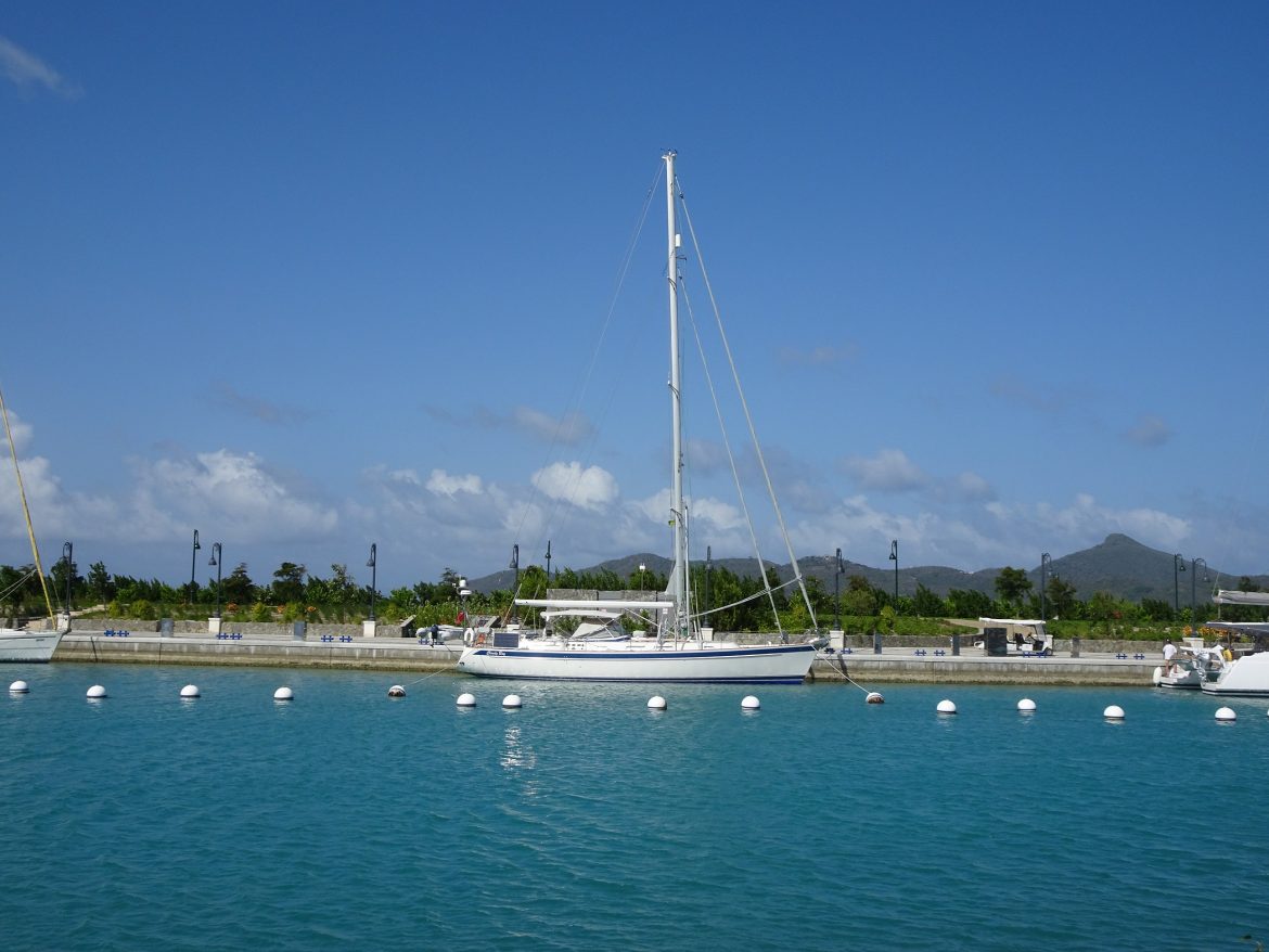 Cloudy Bay rests in Glossy Bay Marina, while we have an admin day. Canouan.