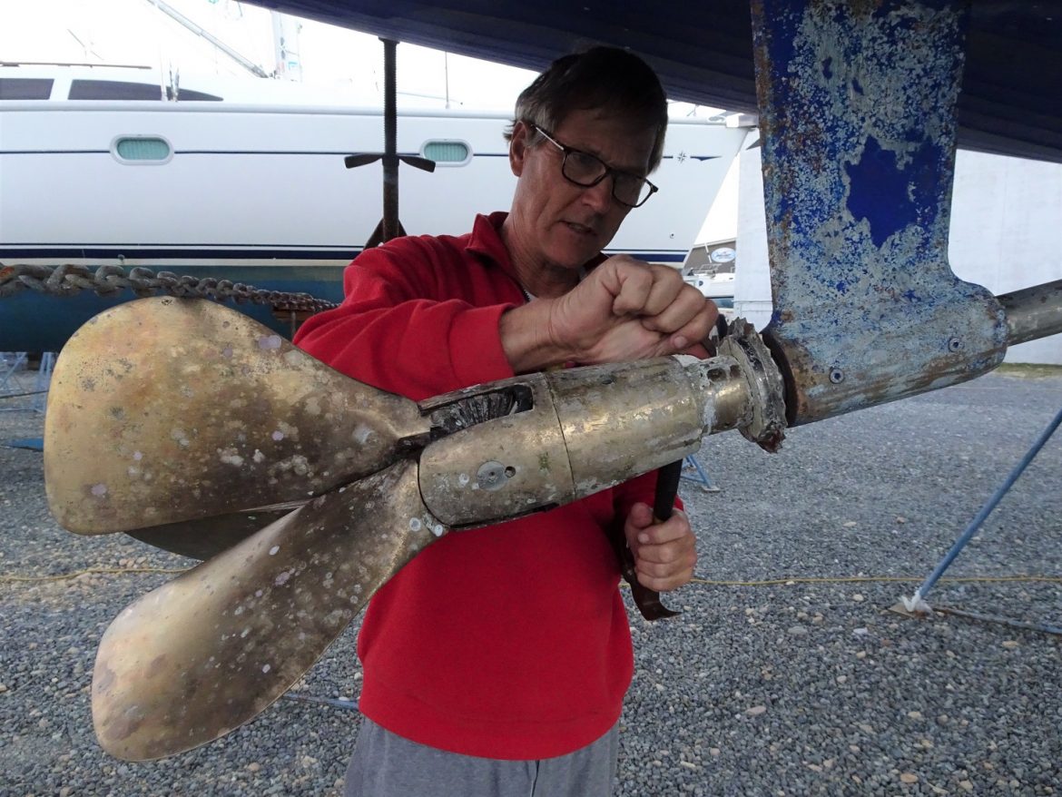 Boat maintenance: Gori propeller comes off for cleaning and servicing. Boat maintenance: Gori propeller comes off for cleaning and servicing.