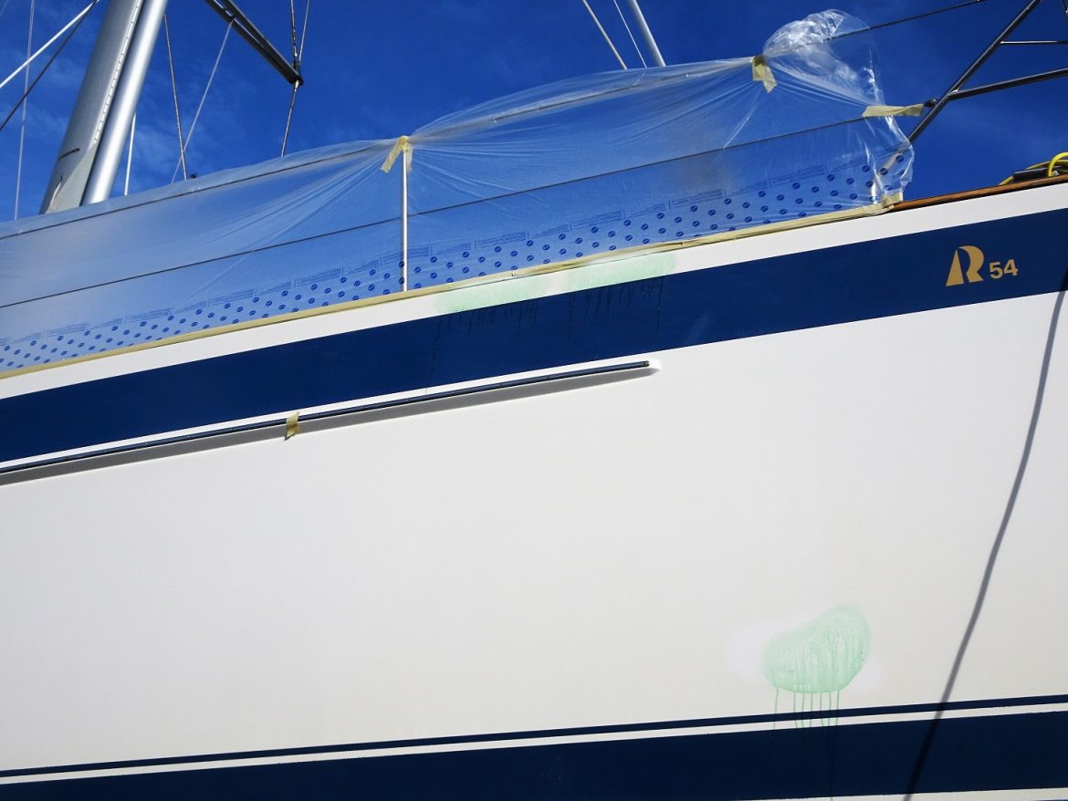 Gel coat repair on the bow. Osprey in Herrington Harbor North Gel coat repair on the bow. Osprey in Herrington Harbor North