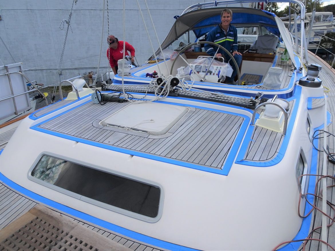 Deck taped off ready for compounding. Nancy from Red Sky puts her heart into the job! Deck taped off ready for compounding. Nancy from Red Sky puts her heart into the job!