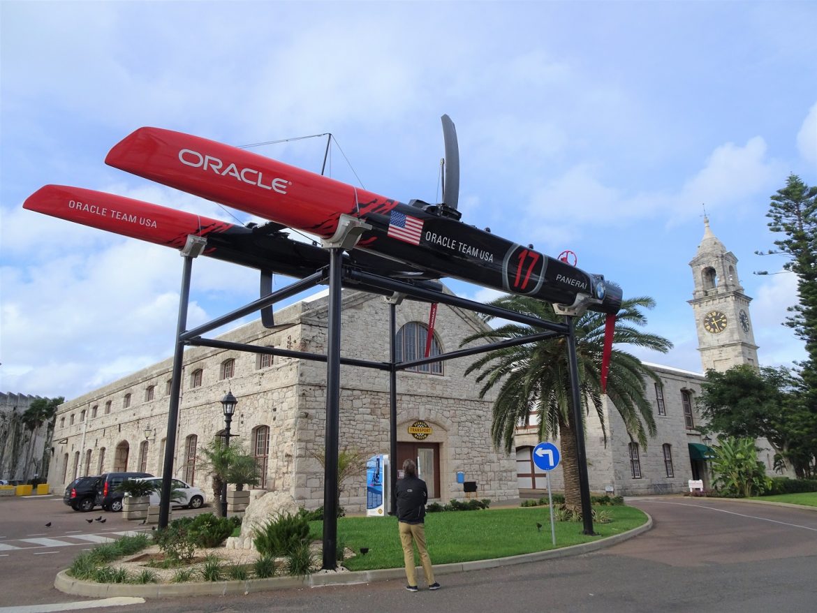 The foiling catamaran of Oracle Team USA, the defender at the 35th America's Cup which took place in Hamilton Harbor 2017
