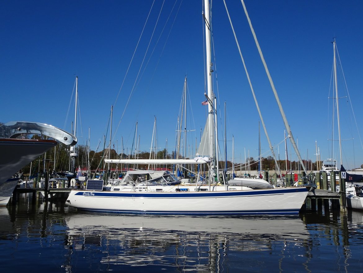 Cloudy Bay docked in Herrington Harbor North, waiting for high water