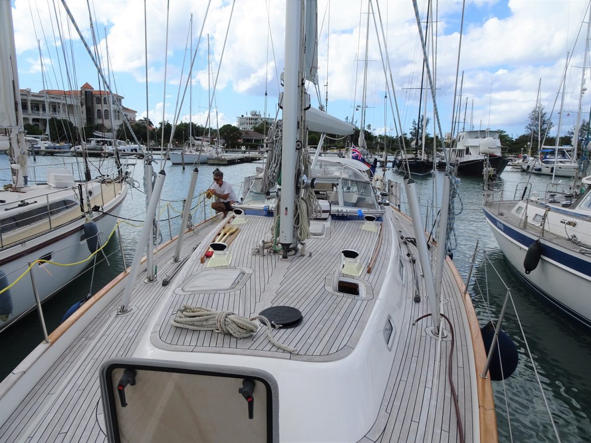 Cloudy bay in docked in Jolly Harbour Marina, nicely centered between the neighboring boats