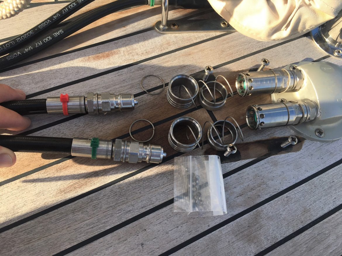service the hydraulic quick-connect fittings, s/v Cloudy Bay, St.Maarten