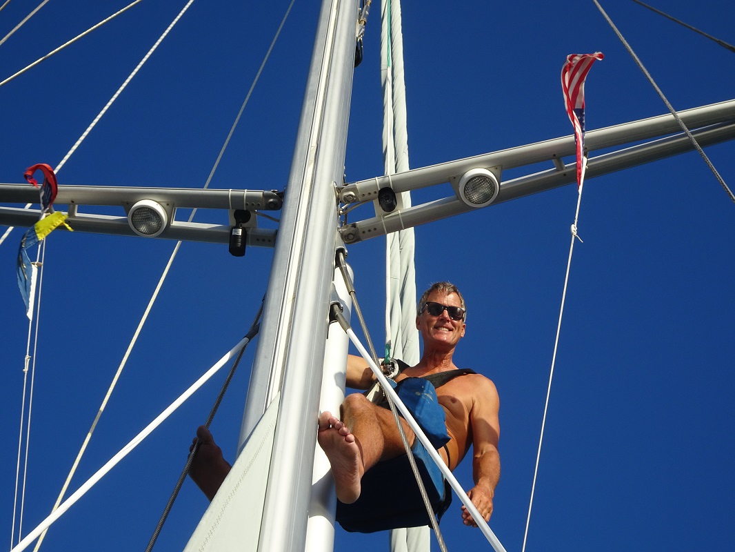 Installing cameras on first sreader, s/v CloudyBay, Culebra SVI Dinghy Dock restaurant next to the lifting bridge, Culebra SVI