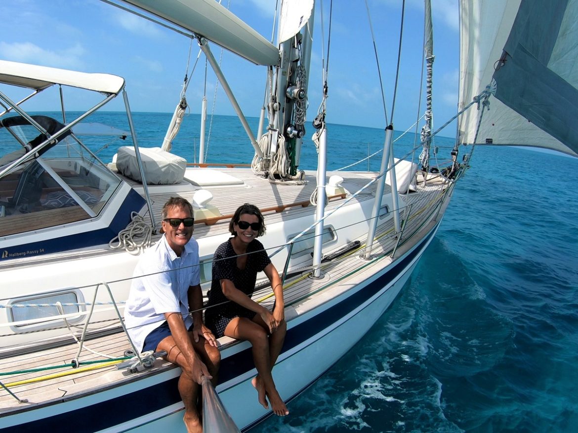 Happy crew on s/v Cloudy Bay sailing across Caicos Bank, Turks & Caicos Happy crew on s/v Cloudy Bay sailing across Caicos Bank, Turks & Caicos