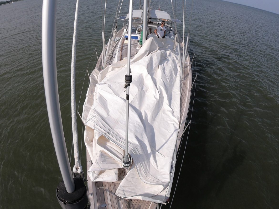 Genoa dry on the deck, ready for flaking