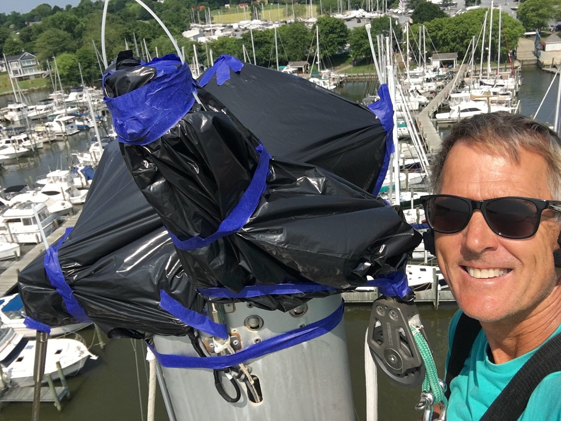 anti-bird poo protection on top of the mast, s/v Cloudy Bay