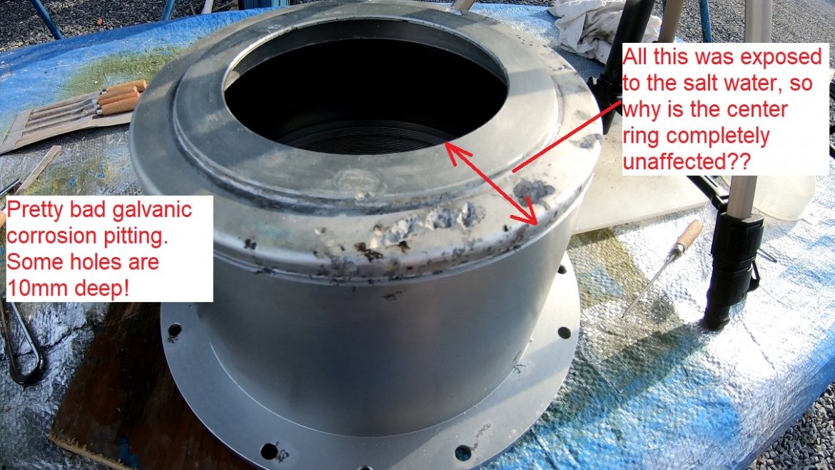 severe galvanic corrosion pitting revealed after rudder bearing clean-up severe galvanic corrosion pitting revealed after rudder bearing clean-up