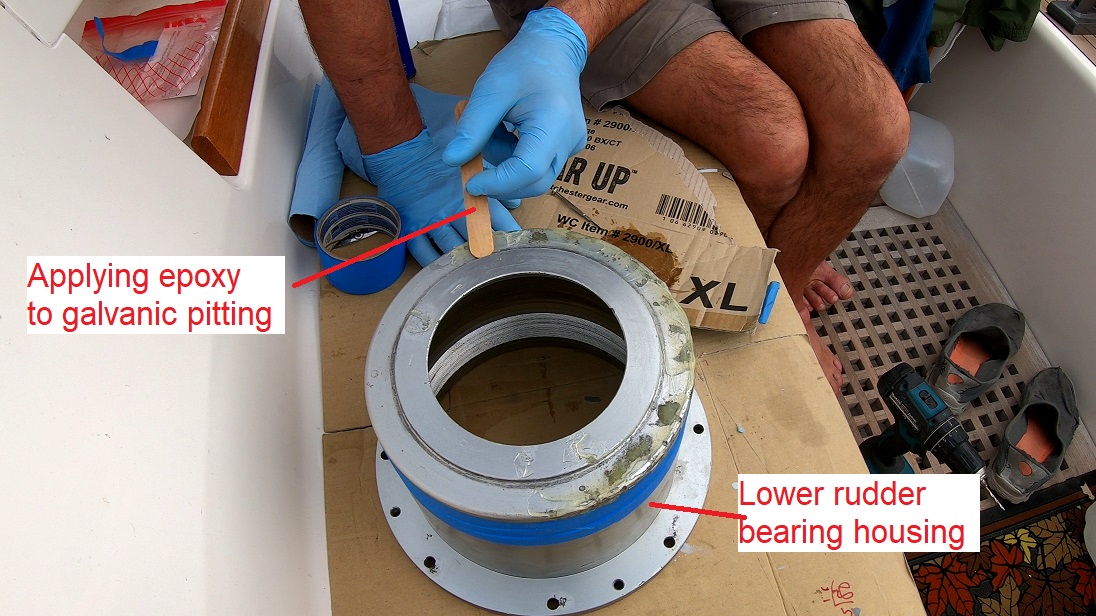 epoxy the galvanic pitting on the lower rudder bearing housing epoxy the galvanic pitting on the lower rudder bearing housing