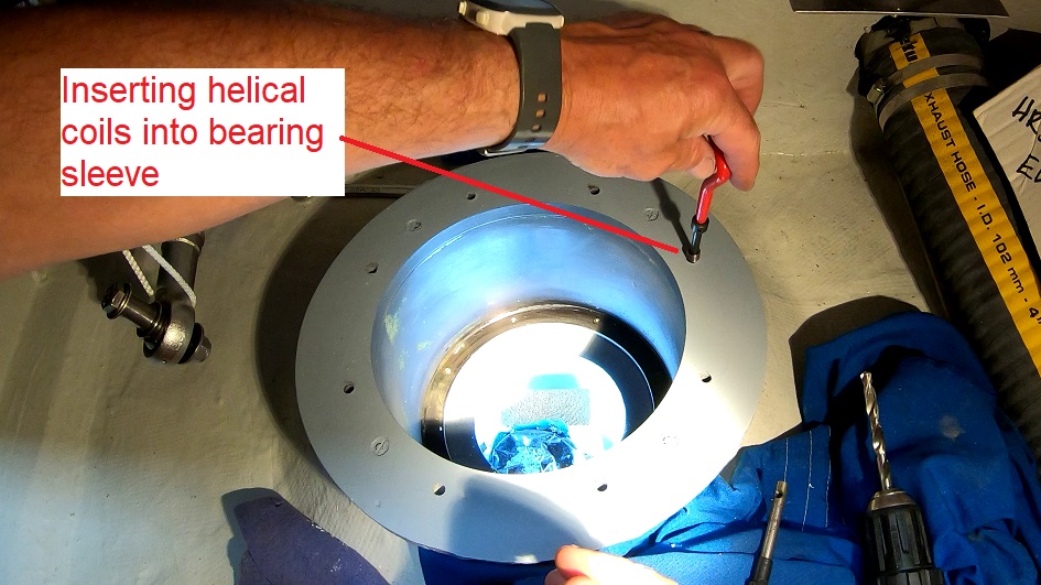 insert helical coil into rudder bearing sleeve