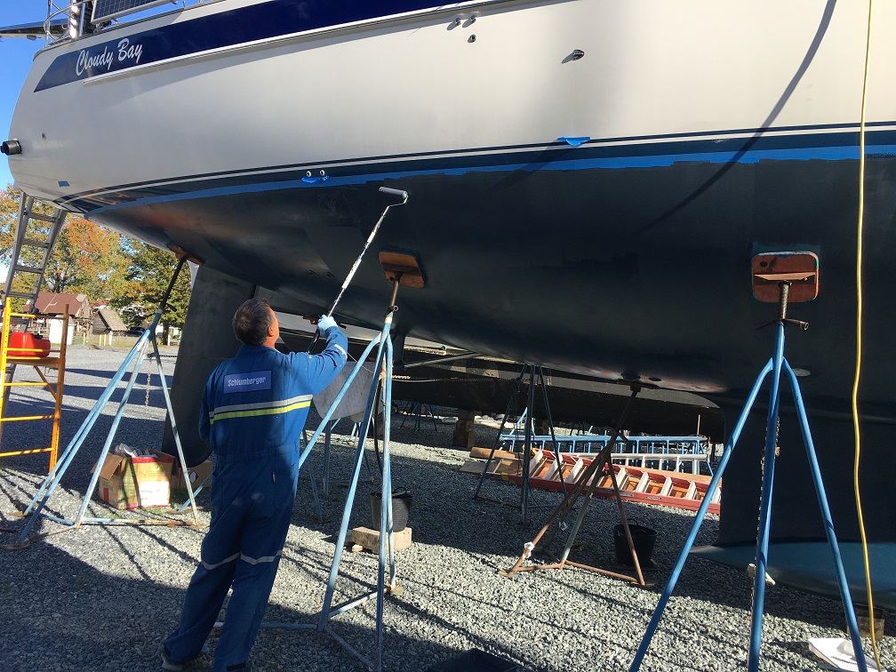 second coat of antifoul, 3 shades of blue/gray